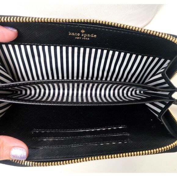 KATE SPADE NY BLACK SAFFIANO GENUINE LEATHER LOGO ZIP AROUND CARD WALLET CLUTCH - Picture 6 of 9